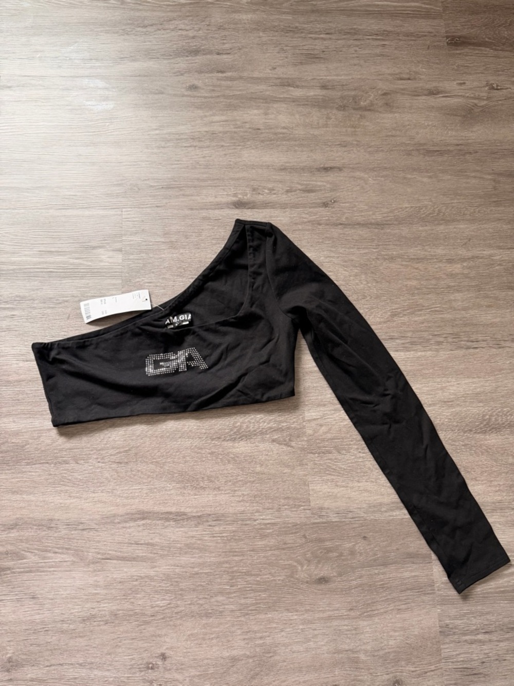 I.AM.GIA Black One-Shoulder Rhinestone Logo Crop Top